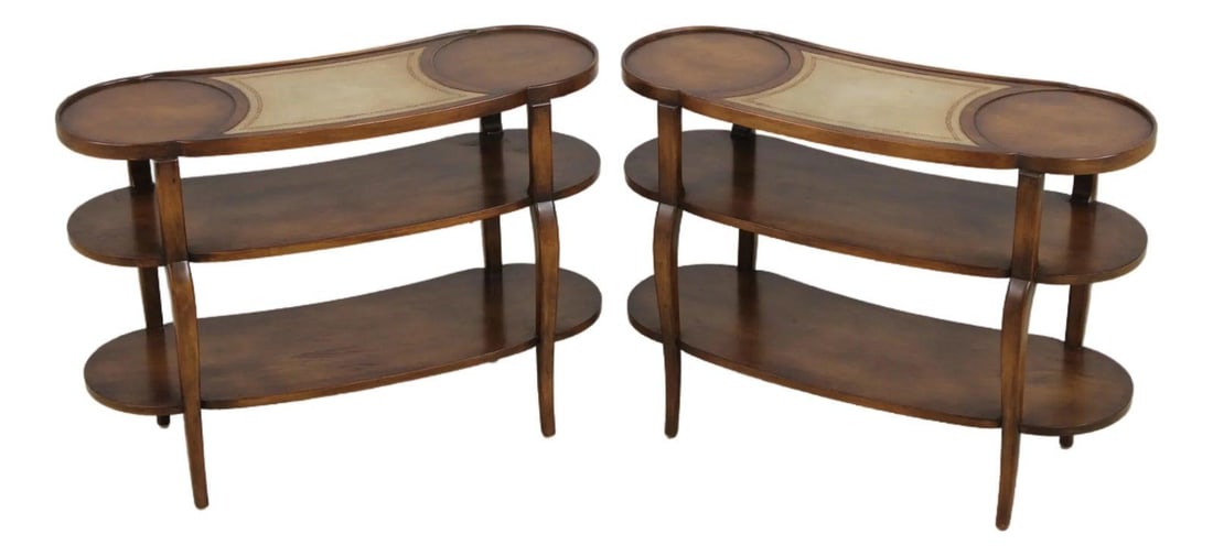 Set of Two Three-Tier Leather Top Kidney Shaped Stands with Queen Anne Legs: Set of Two Three-Tier Leather Top Kidney Shaped Stands with Queen Anne Legs This pair of three-tier stands features high-quality construction and elegant Queen Anne legs. Each stand is topped with a f
