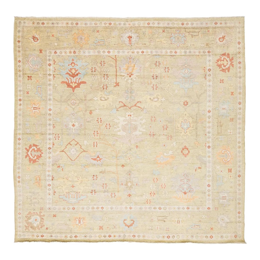 Handmade Wool Oushak Style Rug 9'9 x 10'1: Handmade Wool Oushak Style Rug 9'9 x 10'1 Elevate your decor with this Modern Oushak Style Handmade Wool Rug, meticulously hand-knotted from premium wool. Showcasing a muted sage green field adorned w