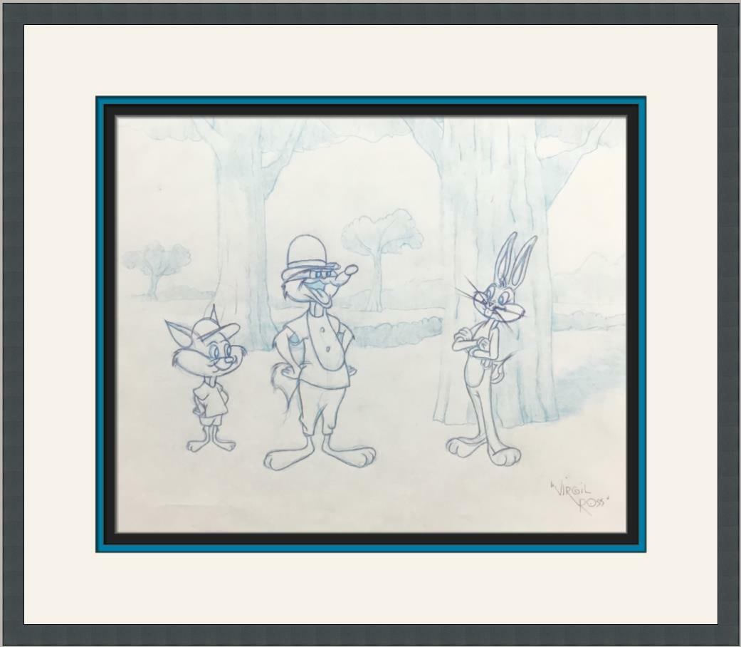 Virgil Ross Signed Bugs Bunny Big Bad Wolf Concept Drawing 1990s: Virgil Ross Signed Bugs Bunny Big Bad Wolf Concept Drawing 1990s This original concept production drawing features the iconic characters Bugs Bunny and the Big Bad Wolf, illustrated by legendary anima
