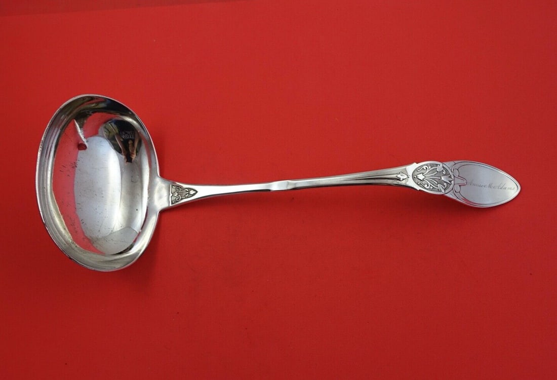 Peter L. Krider Tulip Sterling Silver Soup Ladle 11.25 in Monogrammed: Peter L. Krider Tulip Sterling Silver Soup Ladle 11.25 in Monogrammed This elegant soup ladle is part of the 'Tulip' pattern designed by Peter L. Krider. Crafted from high-quality sterling silver, it 