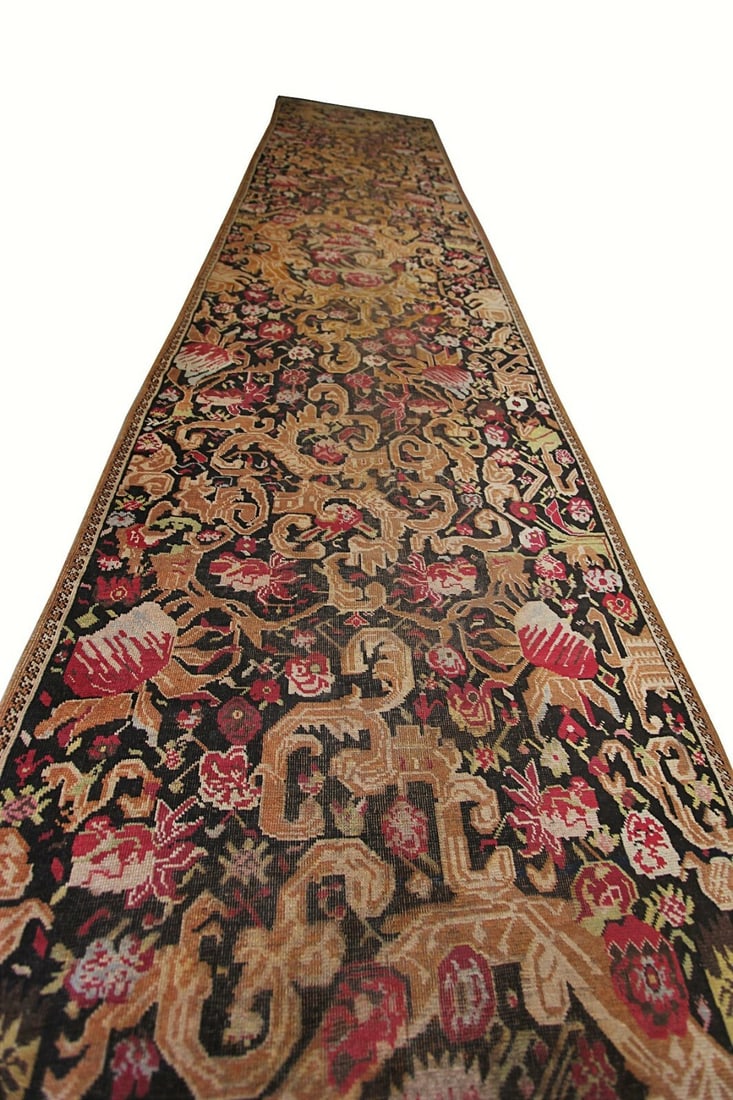 Antique Karabagh Caucasian Wool Runner 4x19 Black Circa 1870 (1 of 9)