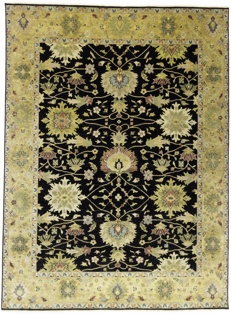 Hand-Knotted Wool Floral Area Rug Black Gold Cream 8'10 x 11'11 (1 of 17)