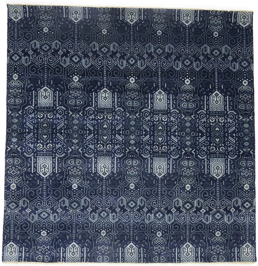 Hand-Knotted Geometric Wool Square Rug 10'1 x 9'11 Dark Navy Gray: Hand-Knotted Geometric Wool Square Rug 10'1 x 9'11 Dark Navy Gray Enhance your living space with this exquisite hand-knotted floral transitional square oriental rug, measuring 9'11" x 10'1". Crafted f
