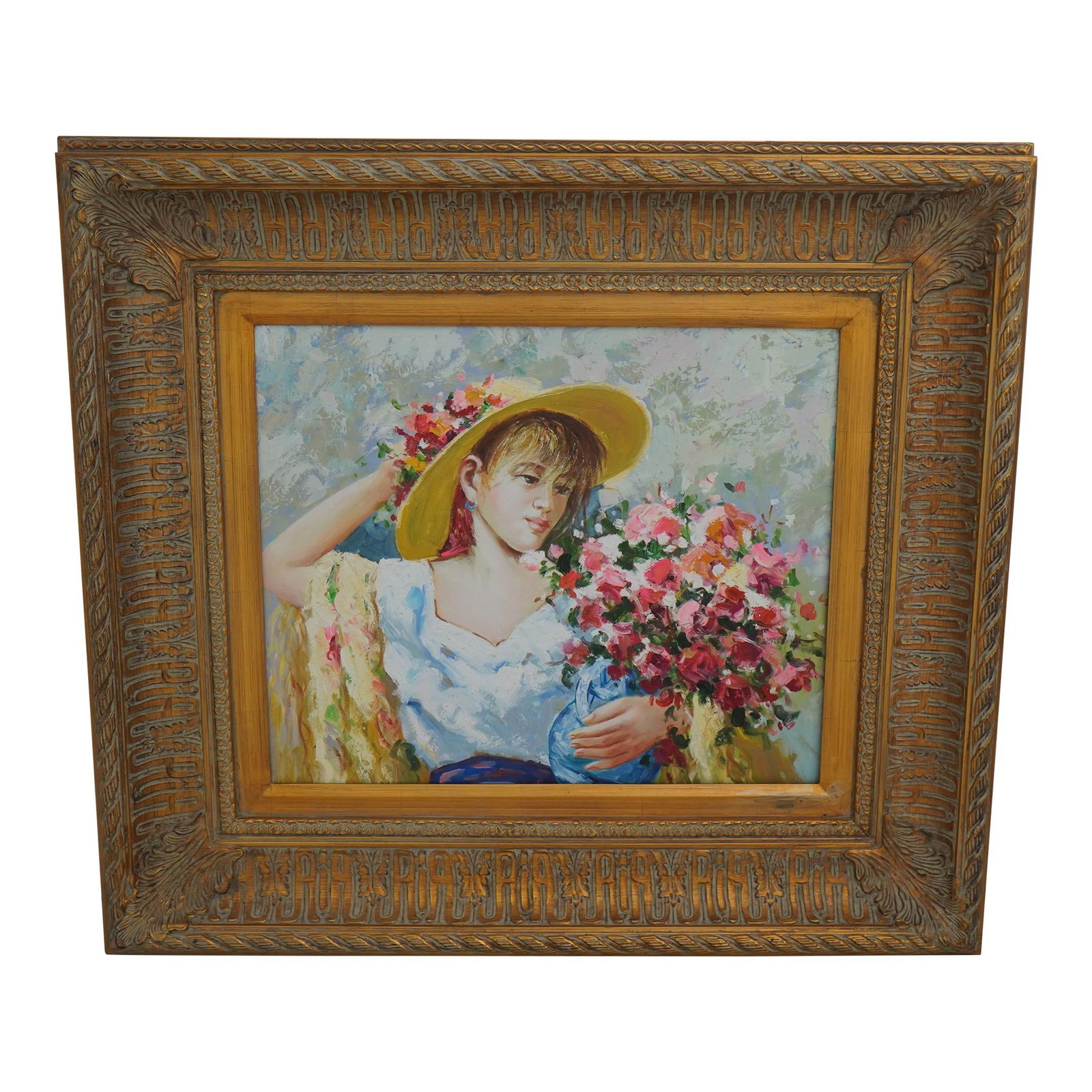 Charming Girl with Flowers Framed Oil Painting 38w x 34h: Charming Girl with Flowers Framed Oil Painting 38w x 34h This stunning framed oil painting on canvas features a charming depiction of a girl with flowers. The artwork showcases high-quality constructi
