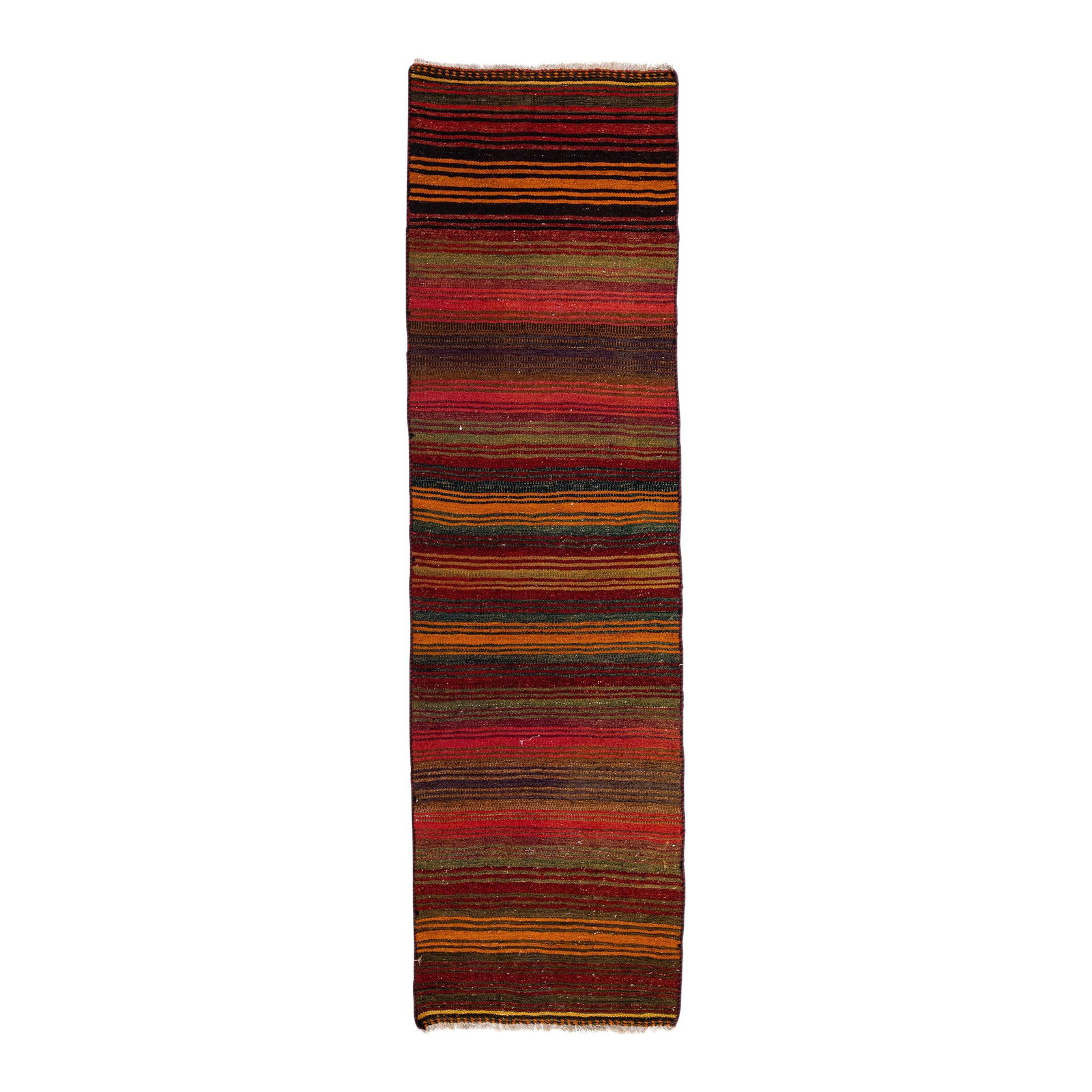 1960s Vintage Turkish Kilim Wool Runner Multicolor Stripes 2'7 x 8'11: 1960s Vintage Turkish Kilim Wool Runner Multicolor Stripes 2'7 x 8'11 This stunning vintage Turkish Kilim runner showcases an intricate all-over geometric stripes design on a vibrant red field. Hand-k