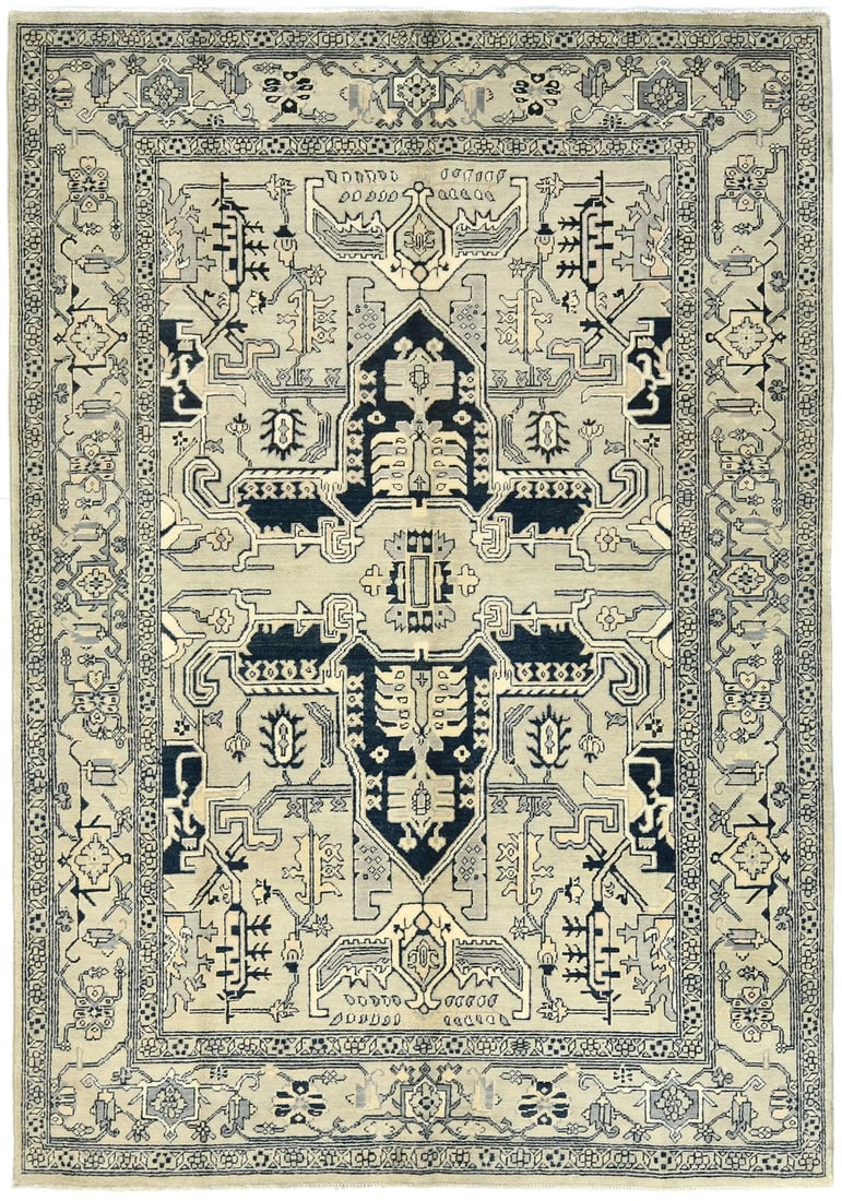 Hand-Knotted Heriz Serapi Rug 6'0 x 8'6 Geometric Vintage Wool Carpet: Hand-Knotted Heriz Serapi Rug 6'0 x 8'6 Geometric Vintage Wool Carpet Enhance your living space with this stunning hand-knotted Heriz Serapi Oriental rug featuring a geometric design. Crafted in India