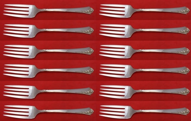Oneida Damask Rose Sterling Silver Salad Fork Set 12 Pieces: Oneida Damask Rose Sterling Silver Salad Fork Set 12 Pieces This exquisite 12-piece set of salad forks features the elegant Damask Rose pattern by Oneida. Each fork measures 6 1/2" in length and is cr