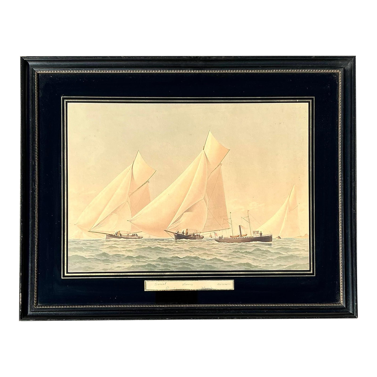 Mid 20th Century America's Cup Yacht Racing Print in Black Gold Frame: Mid 20th Century America's Cup Yacht Racing Print in Black Gold Frame This stunning mid 20th century print showcases the thrilling elegance of America's Cup yacht racing, celebrating maritime history.