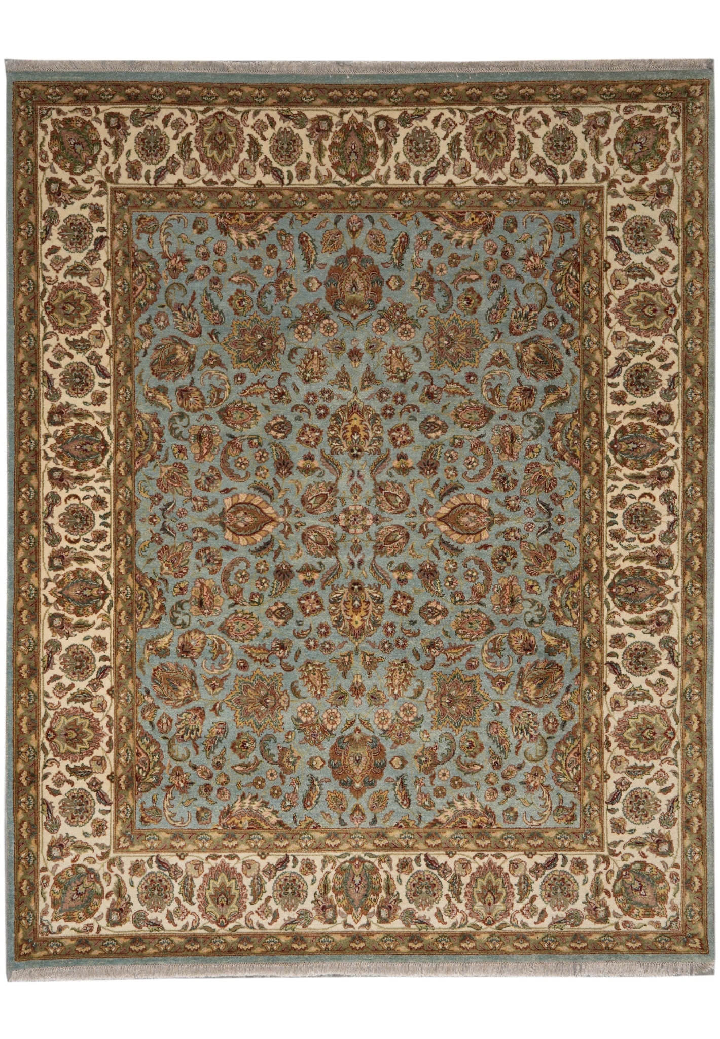 8 x 10 Handmade Pakistani Jaipur Rug Light Blue Wool: 8 x 10 Handmade Pakistani Jaipur Rug Light Blue Wool Free continental US Shipping This 8 x 10 Jaipur-style handmade Pakistani rug features a serene light blue colorway and intricate traditional motifs