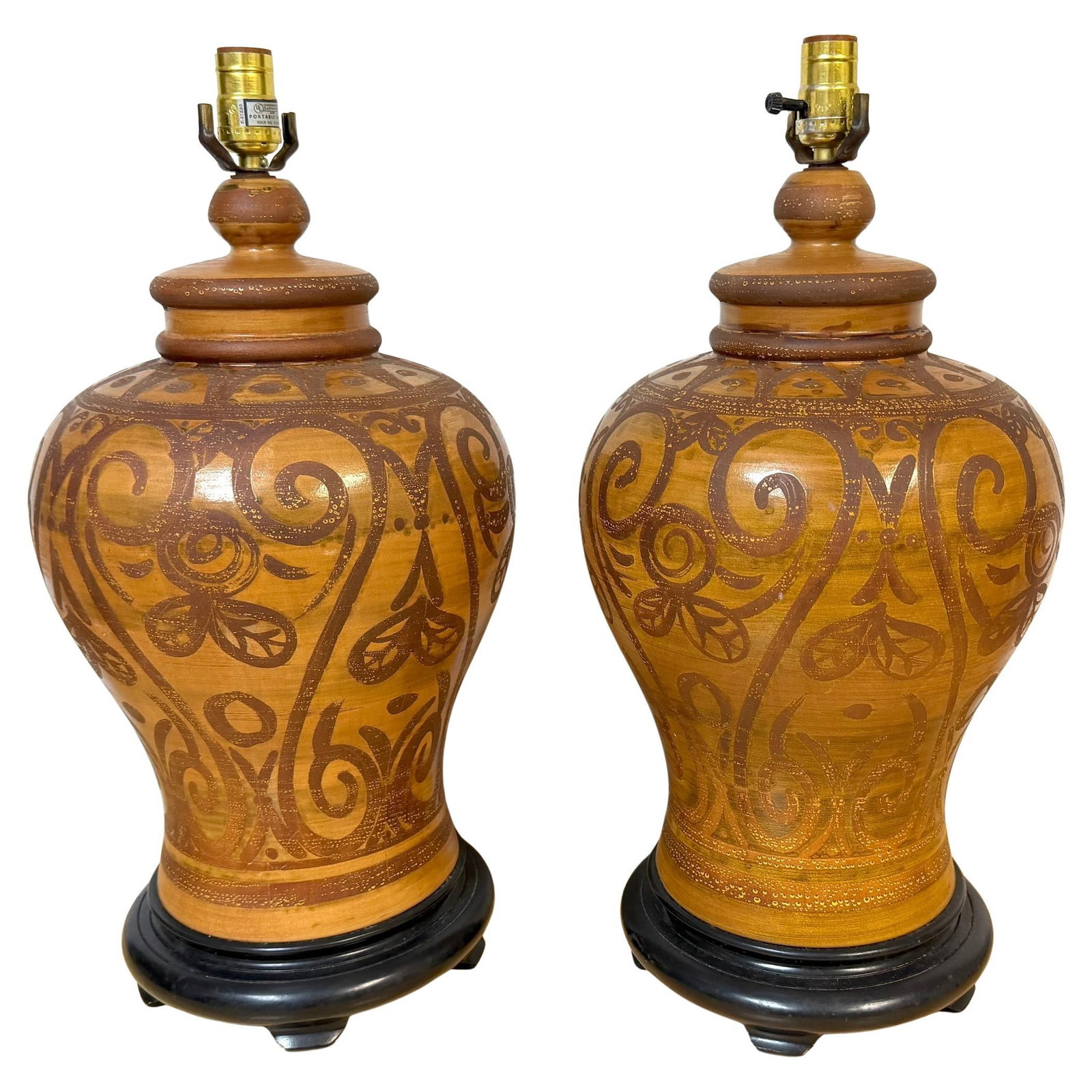 Set of Two Italian 1960s Sgraffito Pottery Table Lamps with Blackened Wood Bases (1 of 9)