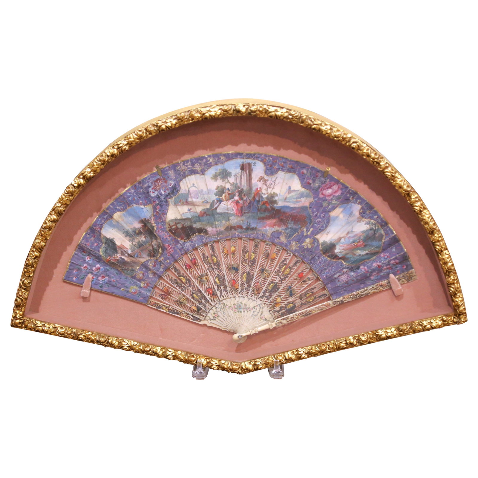 Napoleon III French Framed Hand-Painted Fan with Carved Bone and Giltwood Details (1 of 9)