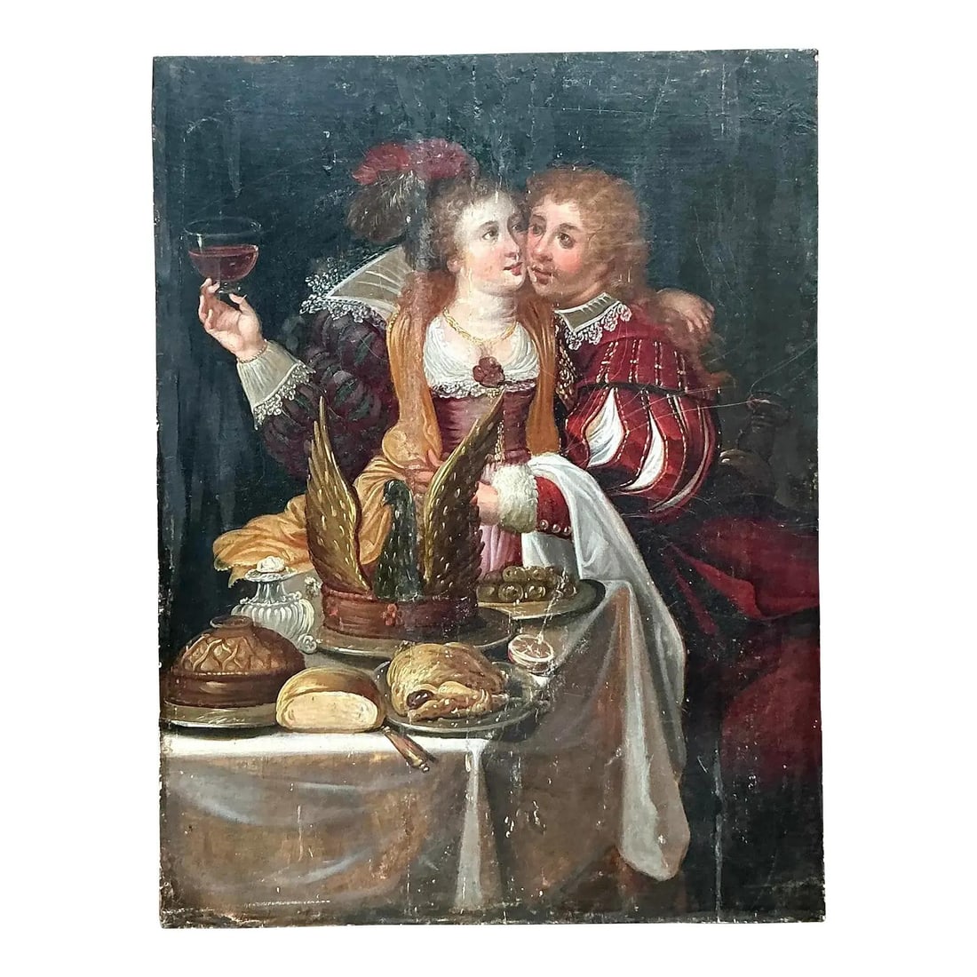 19th Century Romantic Bohemian Oil Painting of Couple on Board: 19th Century Romantic Bohemian Oil Painting of Couple on Board This 19th-century oil painting on board features a romantic and intimate bohemian scene, depicting a richly dressed couple sharing a tend