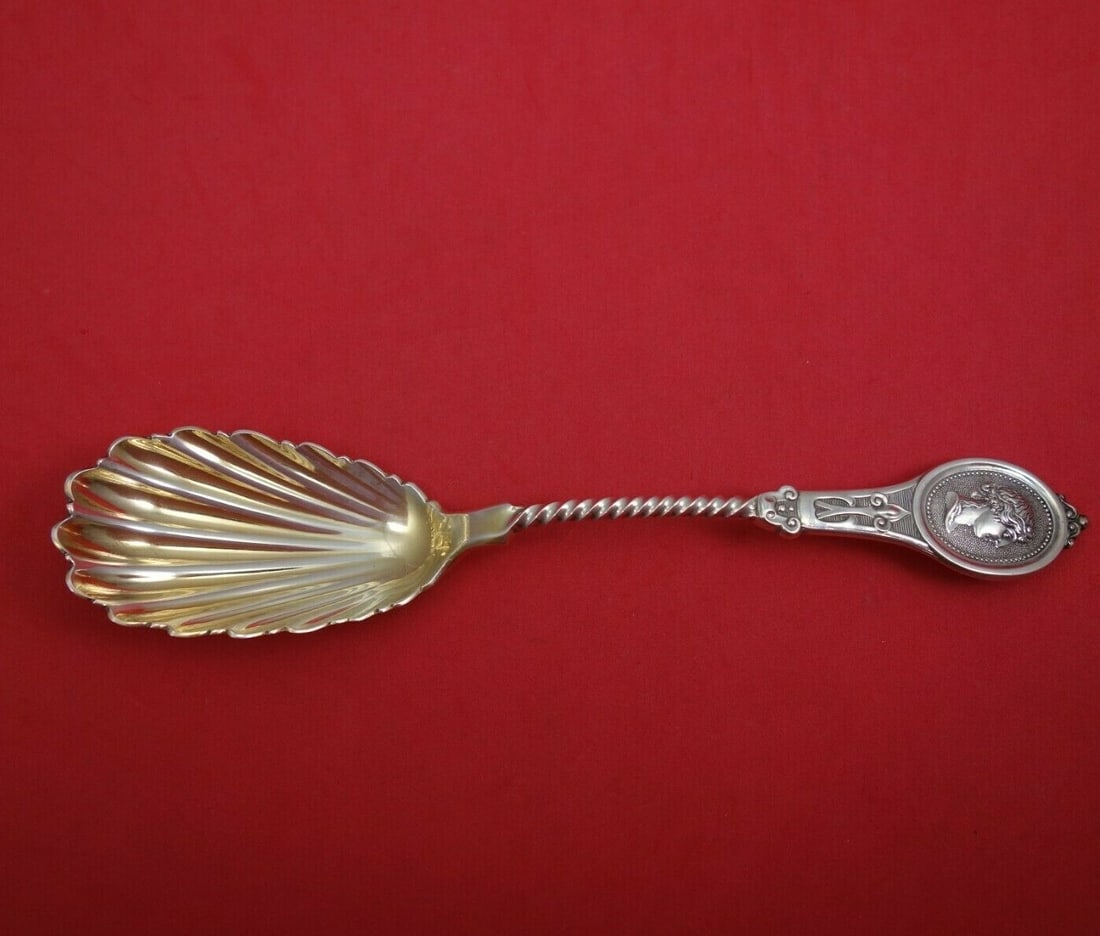 Kidney & Johnson Medallion Sterling Silver Preserve Spoon Gold Washed Twisted Handle 8.5" (1 of 2)
