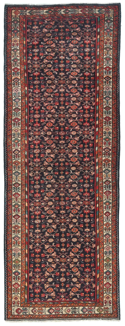 Vintage Plum Wool Hand Knotted Runner Rug Floral Tribal 3'10-4'2 x 11'2: Vintage Plum Wool Hand Knotted Runner Rug Floral Tribal 3'10-4'2 x 11'2 This vintage hand-knotted runner rug features a tribal floral design in shades of plum, cream, green, blue, brown, and orange. C