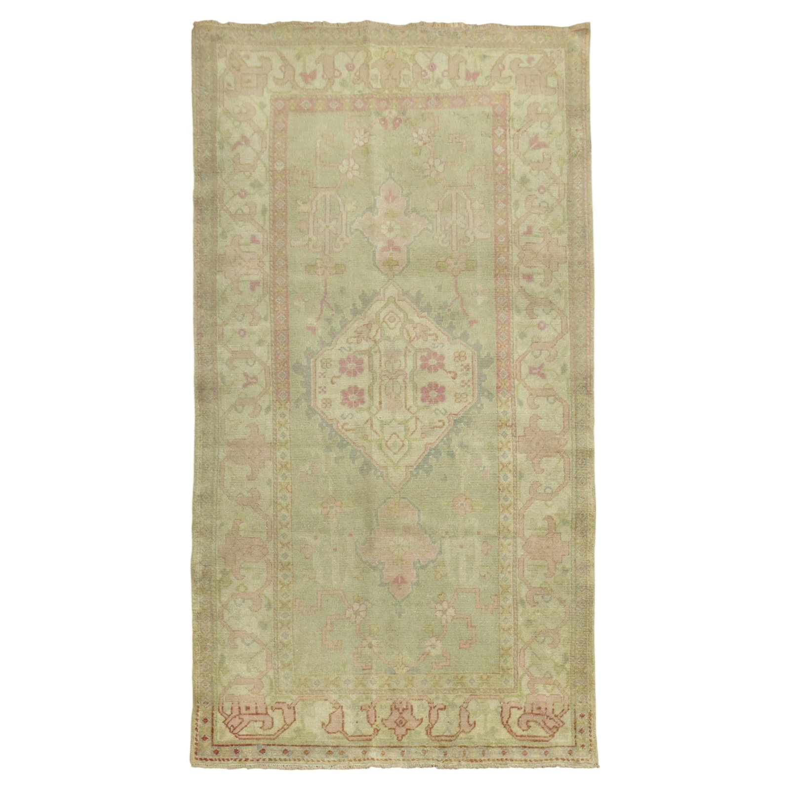 Early 20th Century Turkish Oushak Wool Runner in Soft Green and Pink 3'4" x 6': Early 20th Century Turkish Oushak Wool Runner in Soft Green and Pink 3'4" x 6' This antique Turkish Oushak runner from the early 20th century features a soft green and pink color palette. Expertly han
