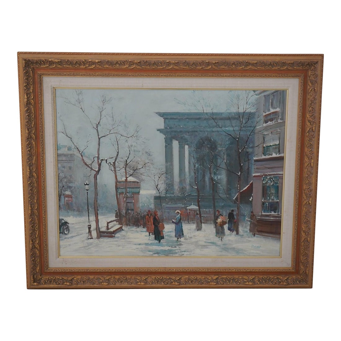 Parisian Winter Street Scene Oil Painting Signed P Mack in Gold Frame: Parisian Winter Street Scene Oil Painting Signed P Mack in Gold Frame This 20th-century oil painting on canvas captures a vibrant Parisian winter street scene at La Place De La Madeleine. Signed by ar
