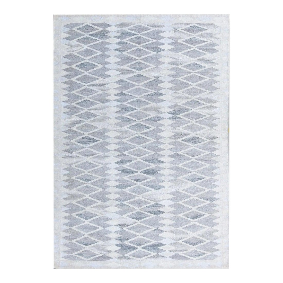 Modern Scandinavian Gray Wool Rug 9'3 x 11'11 Geometric Design: Modern Scandinavian Gray Wool Rug 9'3 x 11'11 Geometric Design Enhance your living space with this stunning hand-knotted gray wool rug featuring a contemporary Scandinavian design. The rug showcases a