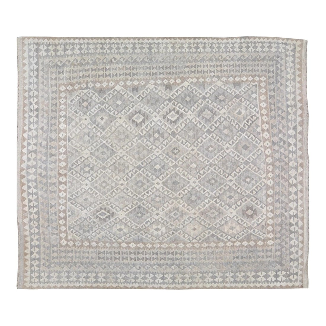 Afghan Tribal Kilim Rug in Organic Wool Soft Gray Flatweave 8'5" x 9'8": Afghan Tribal Kilim Rug in Organic Wool Soft Gray Flatweave 8'5" x 9'8" This Afghan tribal hand-woven flatweave kilim features natural colors, a contemporary style, and a soft texture. Crafted from or