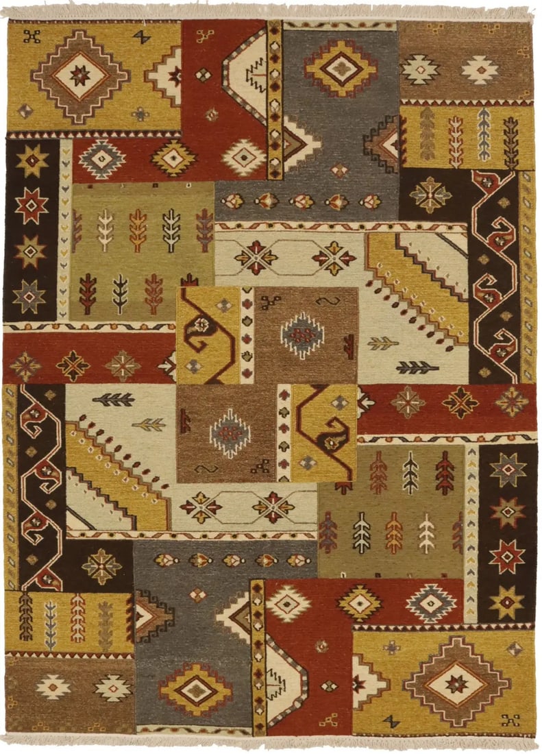 Hand-Knotted Multicolor Abstract Tribal Sumak Wool Rug 5'7 X 7'8 (1 of 14)