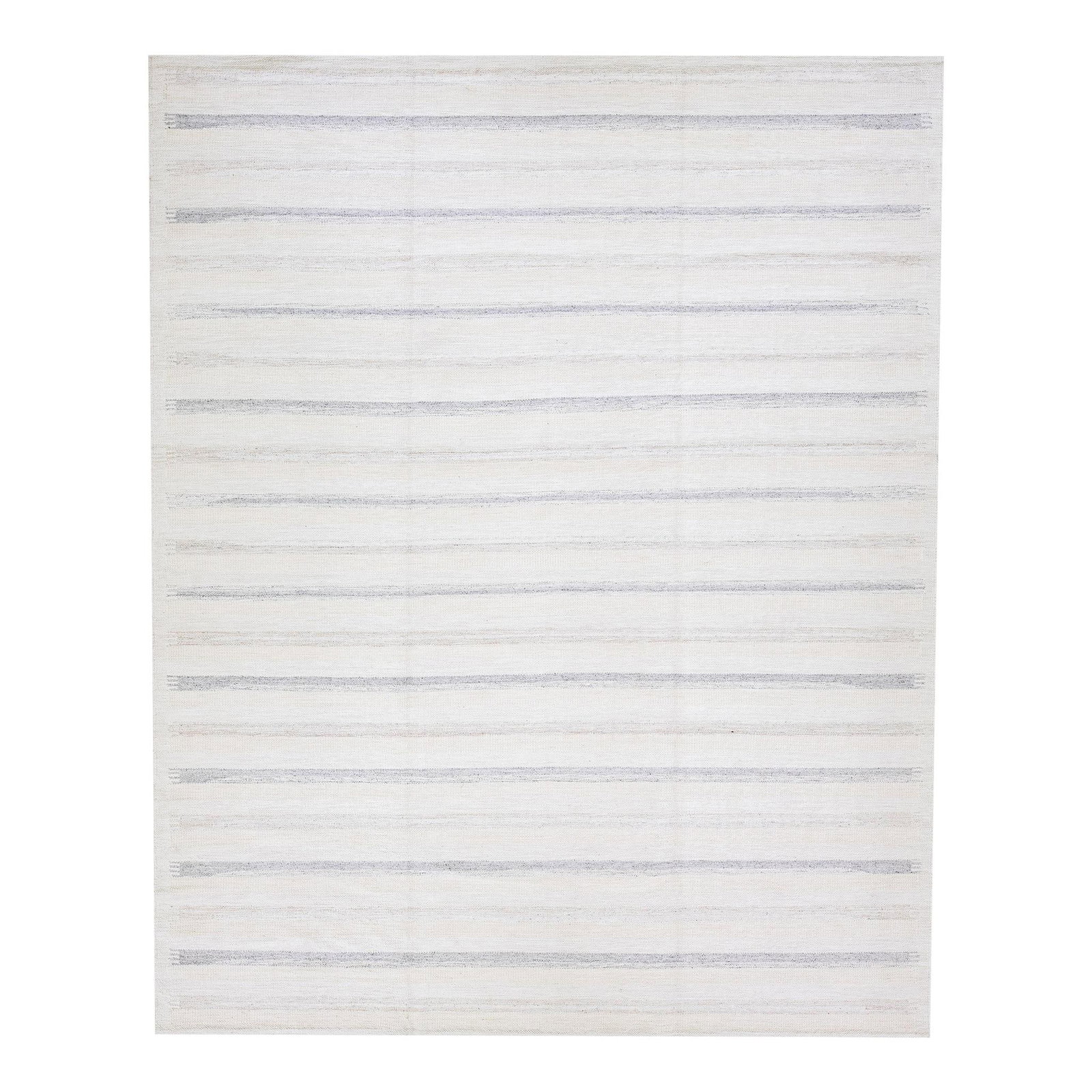 Handmade Modern Swedish Wool Rug 12' x 15'2' Gray Beige Striped Design: Handmade Modern Swedish Wool Rug 12' x 15'2' Gray Beige Striped Design This stunning modern Swedish-style wool rug features a soft beige and gray field, adorned with an elegant all-over geometric stri