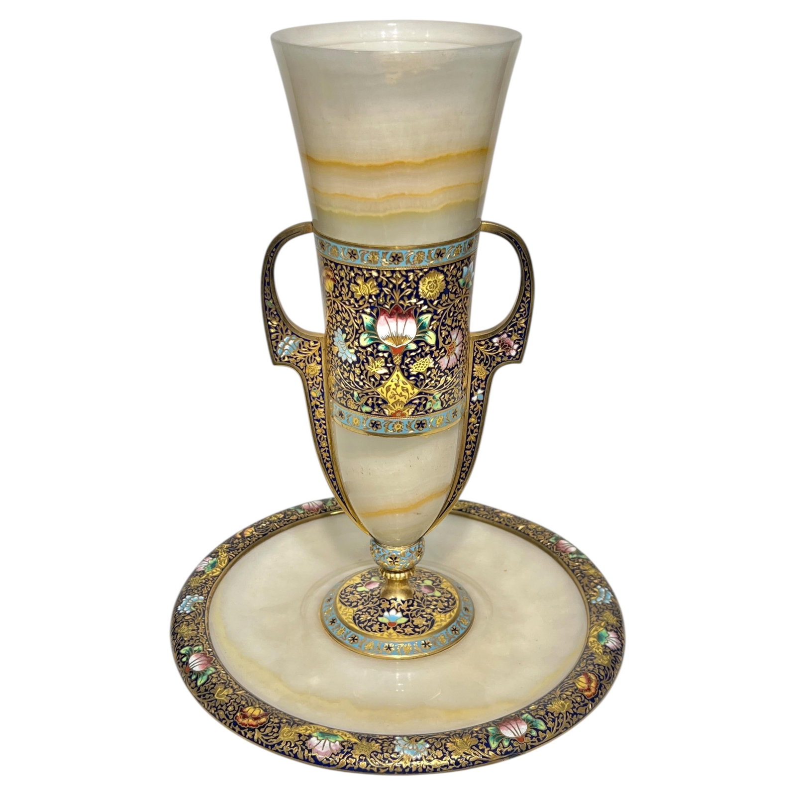 Antique French Onyx and Gilt Bronze Champleve Enamel Center Vase Circa 1880: Antique French Onyx and Gilt Bronze Champleve Enamel Center Vase Circa 1880 This exceptional antique centerpiece vase from France dates to the late 19th century. It features carved onyx stone accented