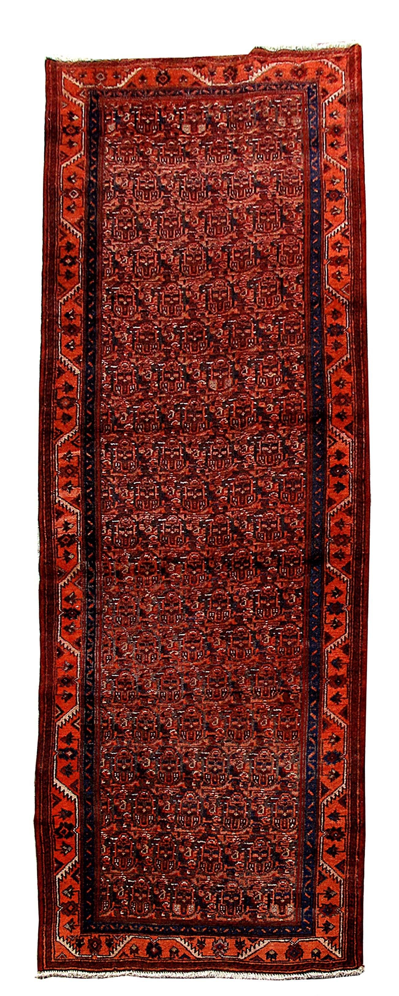 Handcrafted 3.7 x 9.10 Red Persian Hamadan Wool Runner Rug: Handcrafted 3.7 x 9.10 Red Persian Hamadan Wool Runner Rug Free continental US Shipping This handcrafted Persian Hamadan wool runner rug adds an inviting touch to any space with its traditional design