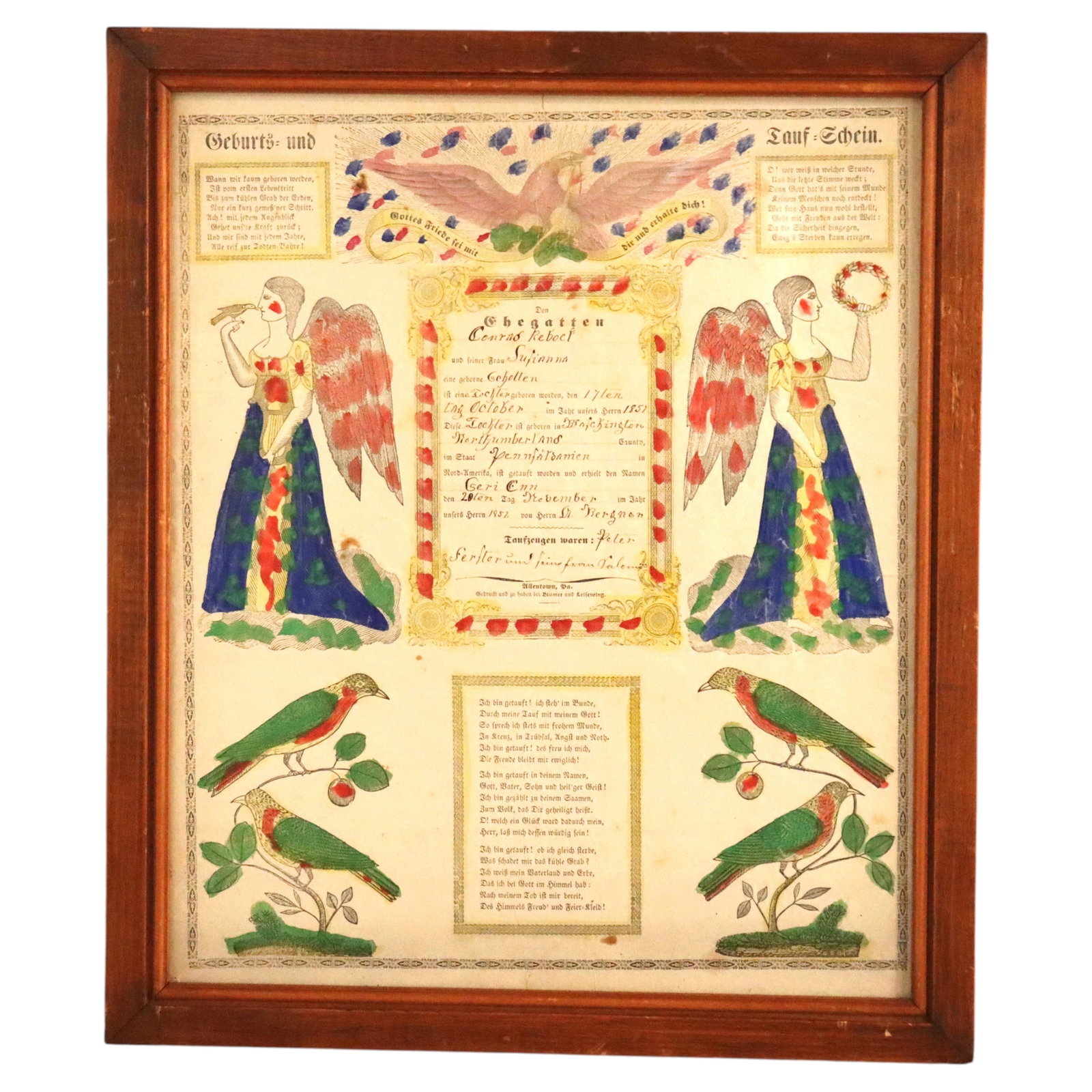 Hand-Colored Pennsylvania German Fraktur Baptism Certificate Blumer Leisenring c1857: Hand-Colored Pennsylvania German Fraktur Baptism Certificate Blumer Leisenring c1857 This mid-19th century Pennsylvania German Fraktur is a hand-colored birth and baptismal certificate from around 185