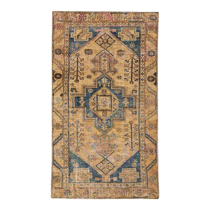 1960s Vintage Persian Handmade Geometric Wool Rug 3'9 x 6'8 Tan: 1960s Vintage Persian Handmade Geometric Wool Rug 3'9 x 6'8 Tan This stunning vintage Persian rug features a distressed hand-knotted design, showcasing a beautiful tan color field adorned with geometr