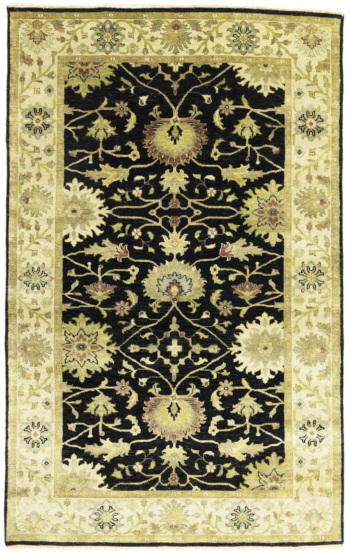 Hand-Knotted Black Floral Oriental Area Rug 5x8 ft Traditional Design: Hand-Knotted Black Floral Oriental Area Rug 5x8 ft Traditional Design Enhance your living space with this stunning hand-knotted traditional floral oriental rug. Measuring 5'0 x 7'11, this rectangular 
