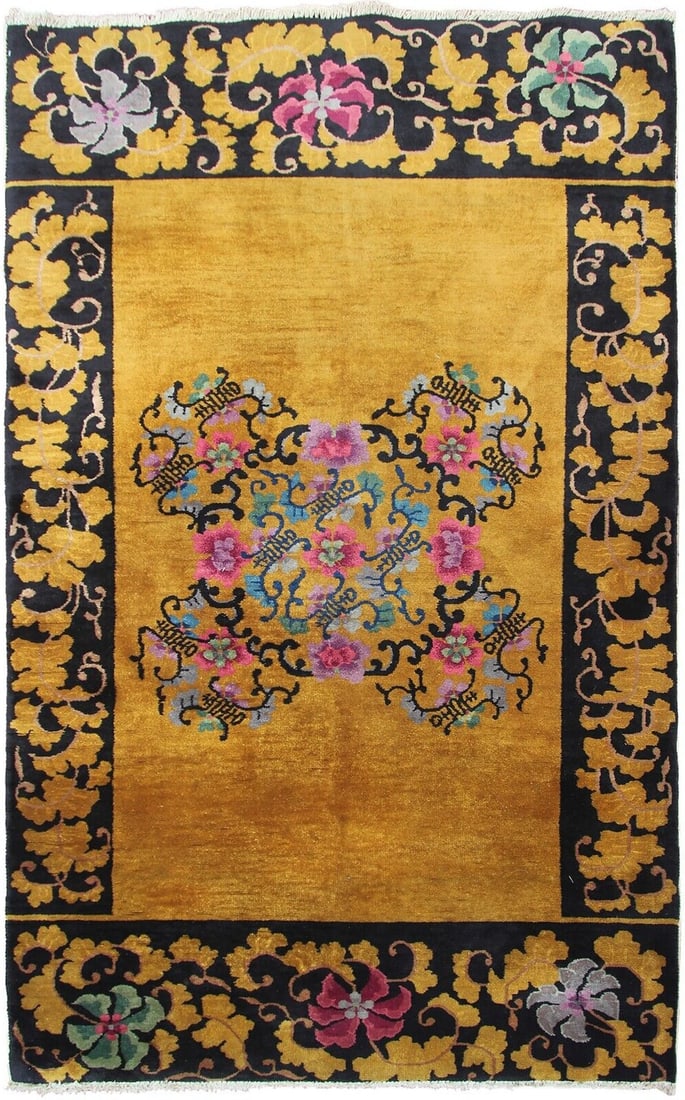 Handmade Chinese Art Deco Wool Area Rug 4x7 Gold Black: Handmade Chinese Art Deco Wool Area Rug 4x7 Gold Black This antique Art Deco area rug from China features a rare gold and black colorway with accents of pink, purple, and blue. Handmade using 100% woo