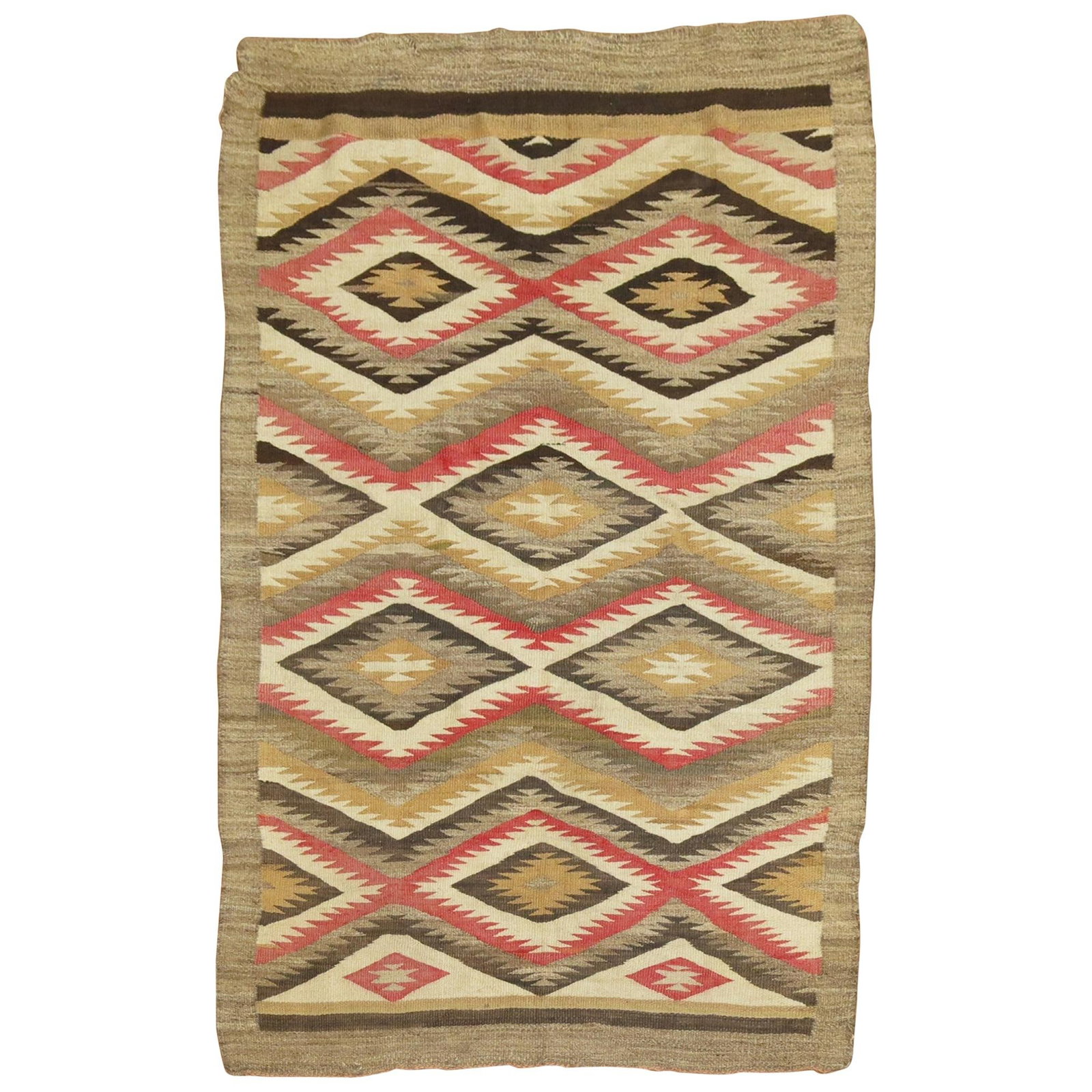 Antique Navajo Rug Hand-Woven Wool Tribal Design 1940s: Antique Navajo Rug Hand-Woven Wool Tribal Design 1940s This stunning mid-20th century American Navajo rug showcases a beautiful all-over geometric tribal design in rich red and brown accents set again