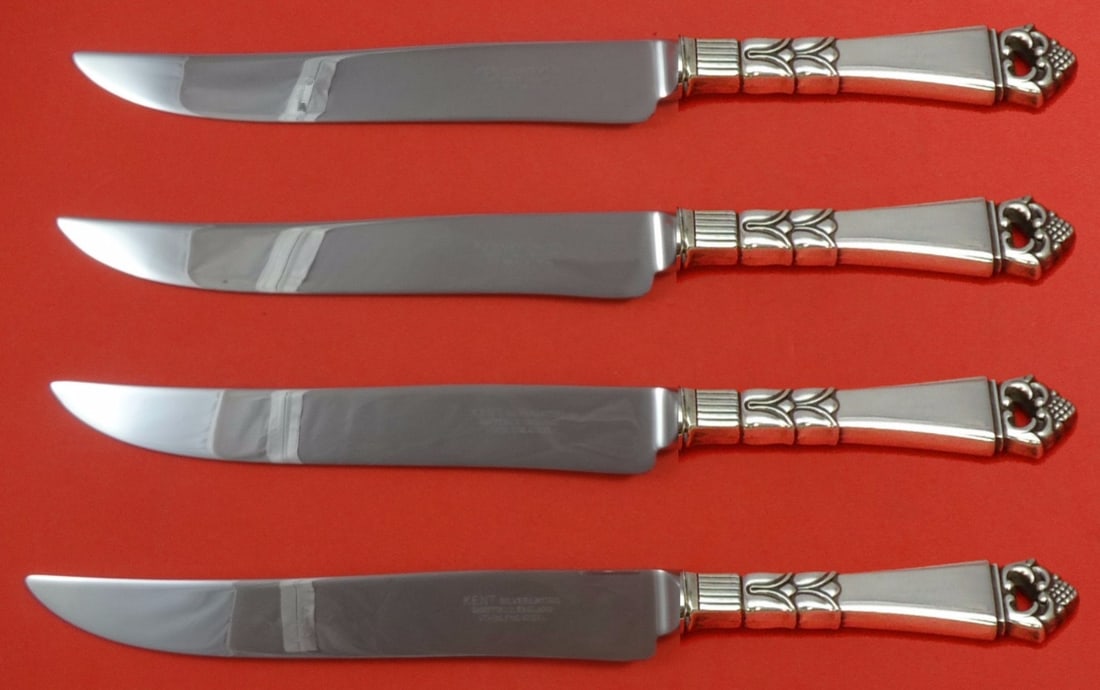 Frigast Danish Crown Sterling Silver Steak Knife Set 4pc Texas Sized 9.5": Frigast Danish Crown Sterling Silver Steak Knife Set 4pc Texas Sized 9.5" Enhance your dining experience with this exquisite 4-piece steak knife set from Frigast, featuring the elegant Danish Crown pa