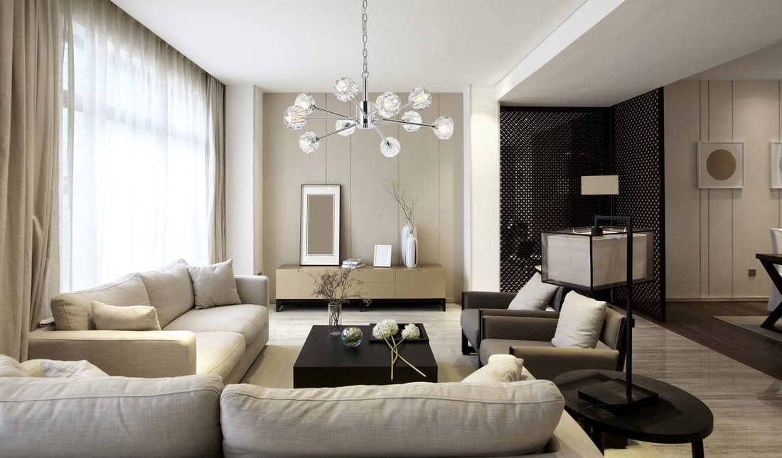 Graham 10 Light Crystal Pendant Chandelier in Chrome 29.5 in: Graham 10 Light Crystal Pendant Chandelier in Chrome 29.5 in Modern chrome-plated crystal pendant chandelier with a Sputnik-style design and 10 lights. It features clear crystal shades, a black cord, 