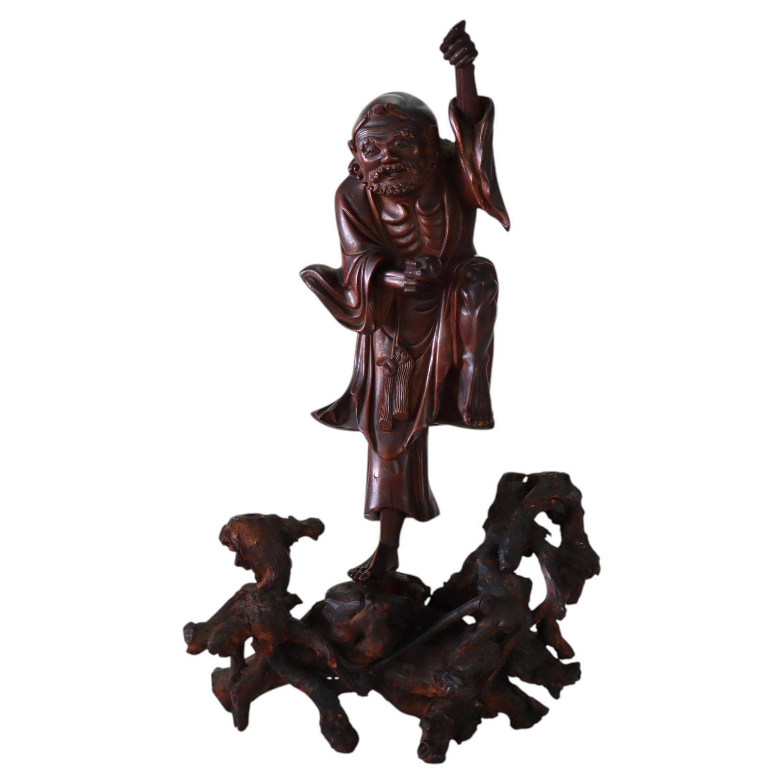 19th Century Chinese Hand-Carved Wood Sage Figure on Root Base: 19th Century Chinese Hand-Carved Wood Sage Figure on Root Base This 19th century Chinese carved wood folklore figure is skillfully crafted from dense, dark wood and depicts a revered sage or immortal 