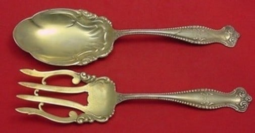 Towle Canterbury Sterling Silver Salad Serving Set 2pc Gold Wash 9.5in (1 of 2)