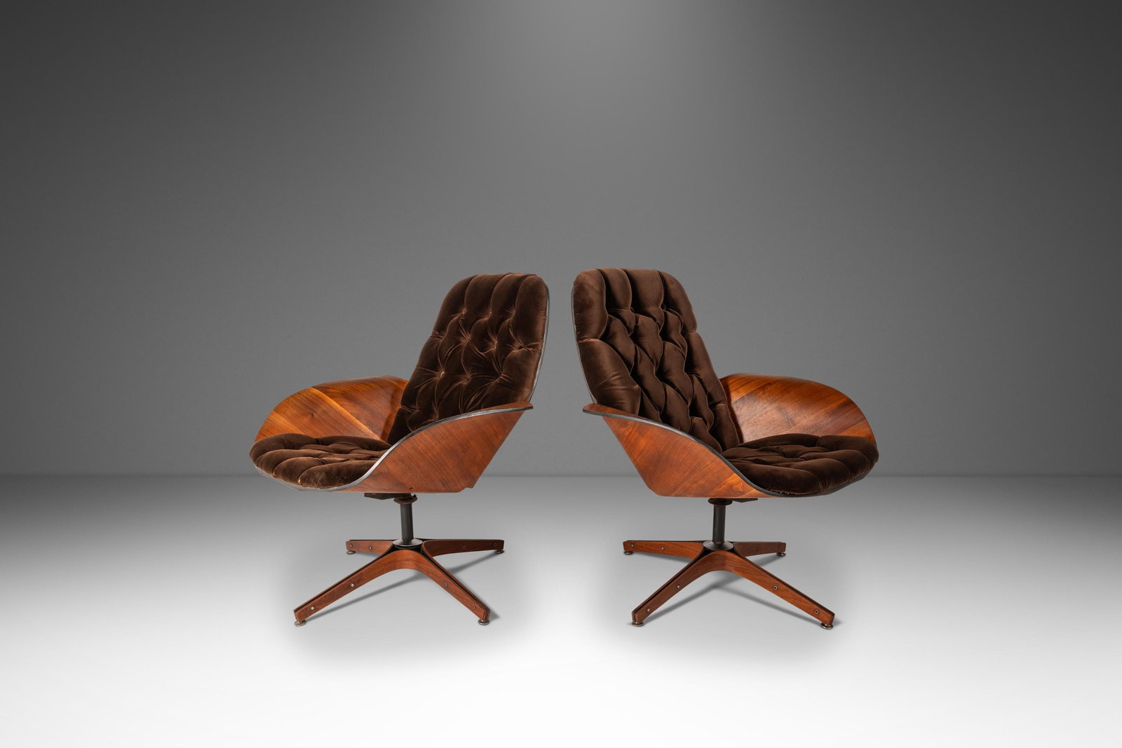 Pair of Plycraft Mrs Swivel Lounge Chairs Walnut Velvet (1 of 18)