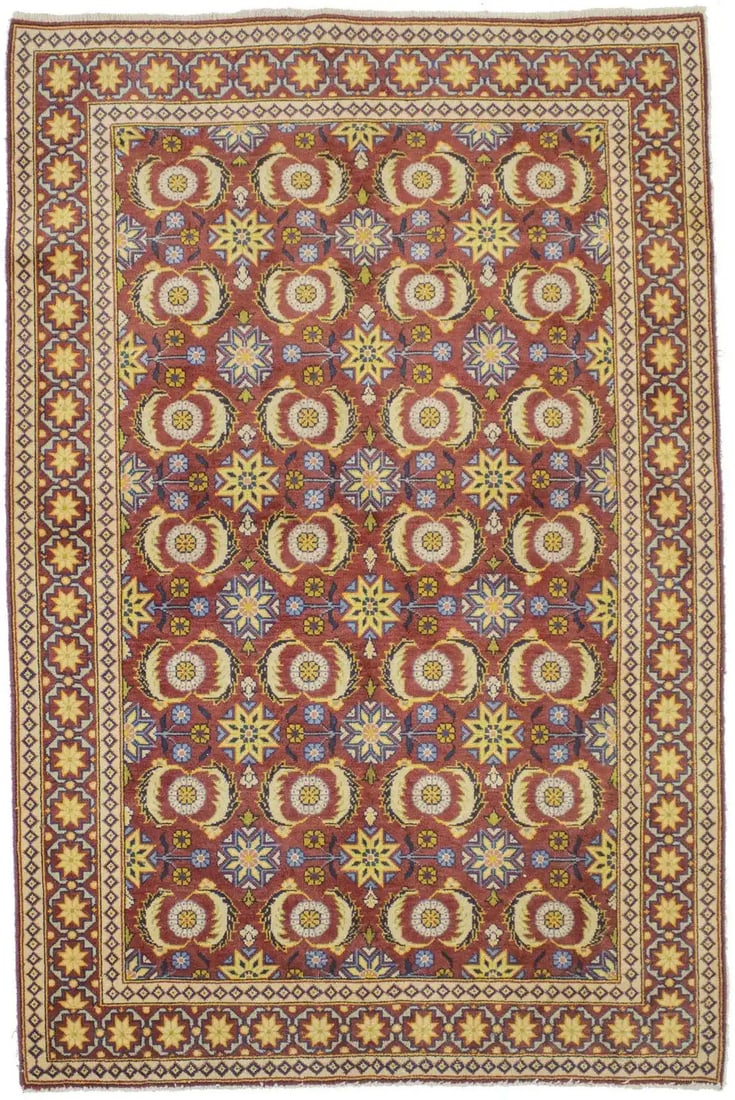 Hand-Knotted Wool Floral Area Rug Vintage 4'2 x 6'4 Red Decor Carpet: Hand-Knotted Wool Floral Area Rug Vintage 4'2 x 6'4 Red Decor Carpet This semi-antique hand-knotted area rug features an allover floral pattern in red, cream, charcoal, blue, yellow, and green tones. 