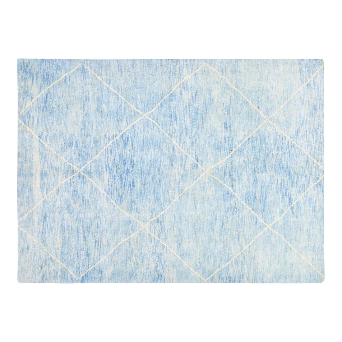 Sky Blue Wool Beni Ourain Style Hand Knotted Moroccan Rug 6'8" x 9'4": Sky Blue Wool Beni Ourain Style Hand Knotted Moroccan Rug 6'8" x 9'4" This modern Moroccan Beni Ourain rug is hand knotted from wool and features a soft texture. The rug is presented in a sky blue col