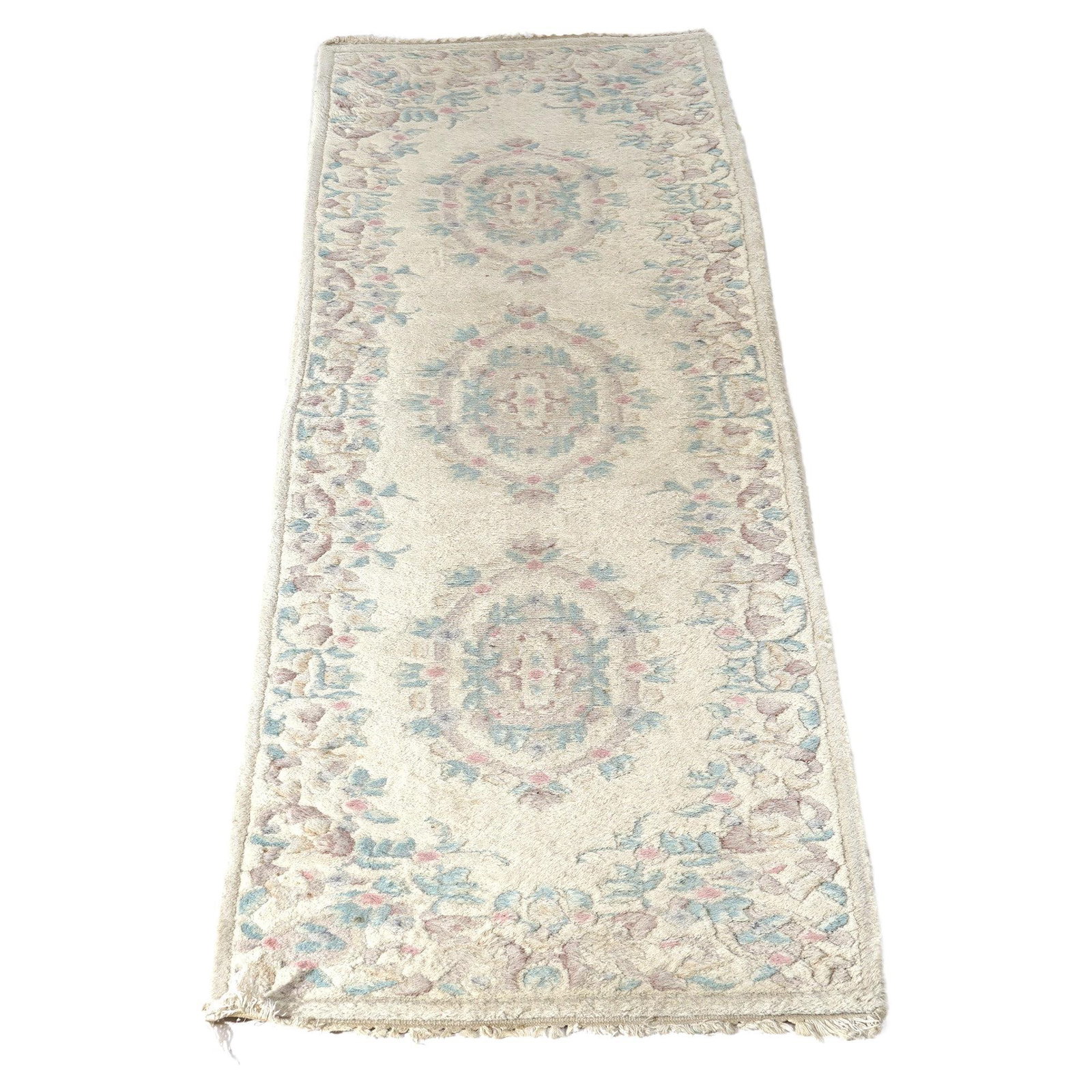20th Century Turkish Oushak Wool Runner Rug: 20th Century Turkish Oushak Wool Runner Rug This Turkish Oushak style oriental long rug runner features a triple medallion foliate design on a cream ground. Crafted from wool in the 20th century, the 
