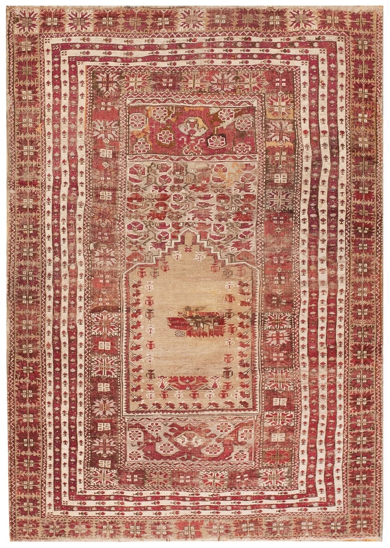 Circa 1850 Turkish Oushak Gordis Hand Knotted Wool Area Rug 3'9 x 5'4: Circa 1850 Turkish Oushak Gordis Hand Knotted Wool Area Rug 3'9 x 5'4 This rare mid-1800s antique Turkish Gordis area rug is an authentic hand-knotted piece featuring a wool foundation and a distincti