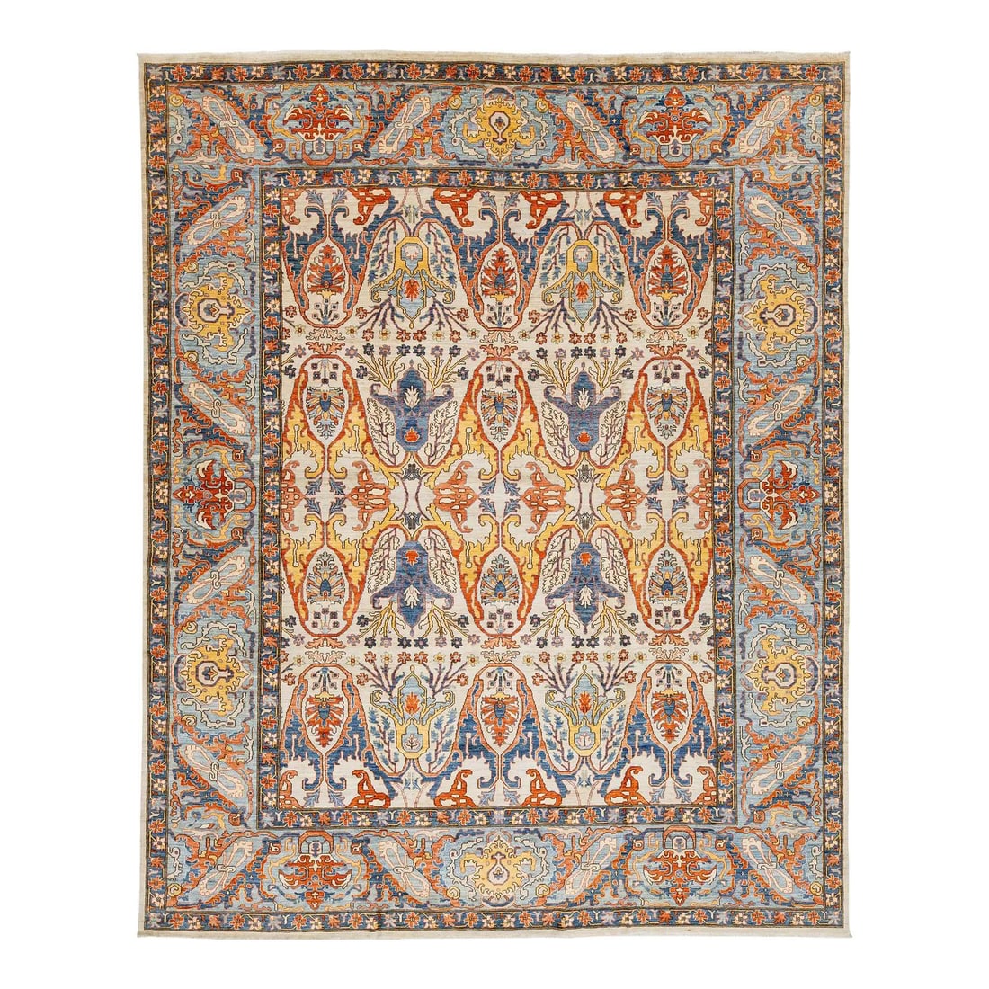 11'8" x 14'8" Wool Rug Modern Bidjar Design in Ivory and Slate Blue: 11'8" x 14'8" Wool Rug Modern Bidjar Design in Ivory and Slate Blue This elegant hand-knotted wool area rug features a Modern Bidjar style, showcasing a luminous ivory field adorned with oversized bot
