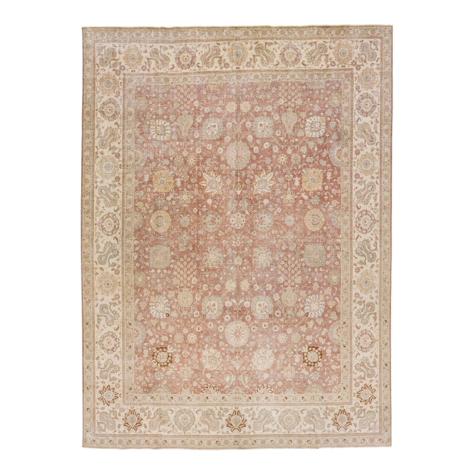 Antique Persian Tabriz Wool Rug 9'9 x 13'5 Floral Design Rust Color: Antique Persian Tabriz Wool Rug 9'9 x 13'5 Floral Design Rust Color Discover the charm of this exquisite handmade Persian Tabriz rug, crafted in the 1960s. This antique piece features a rich rust colo