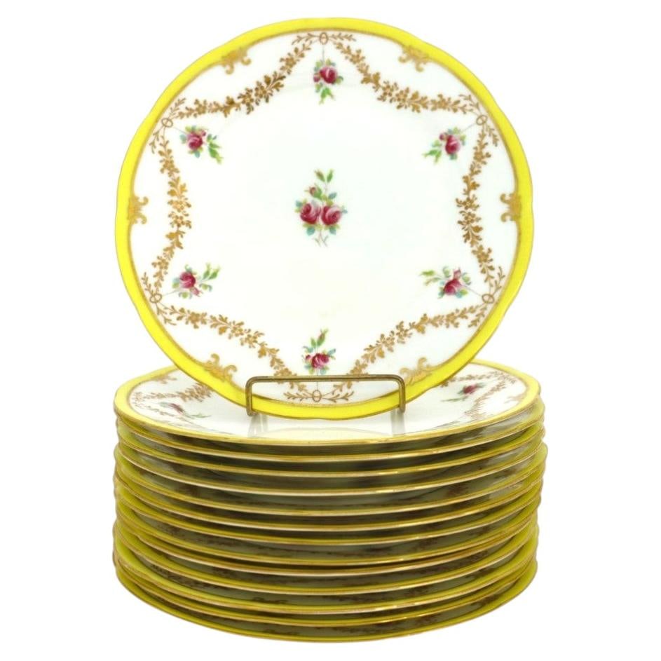 Set of 14 Cauldon Ware porcelain dinner plates with floral gilt rims (1 of 6)