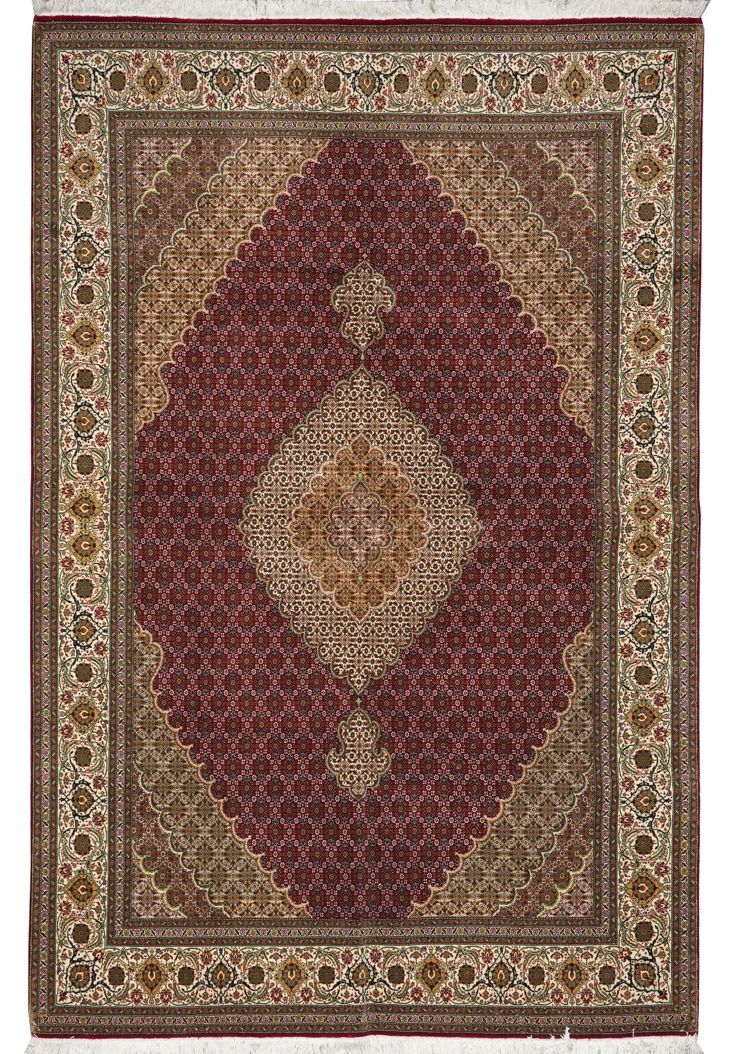 6.8 x 10 Persian Mahi Tabriz Rug Wool Silk 400 KPSI Authentic Hand-Knotted: 6.8 x 10 Persian Mahi Tabriz Rug Wool Silk 400 KPSI Authentic Hand-Knotted Free continental US Shipping This authentic Persian Mahi Tabriz rug is a hand-knotted masterpiece crafted in the Tabriz regio