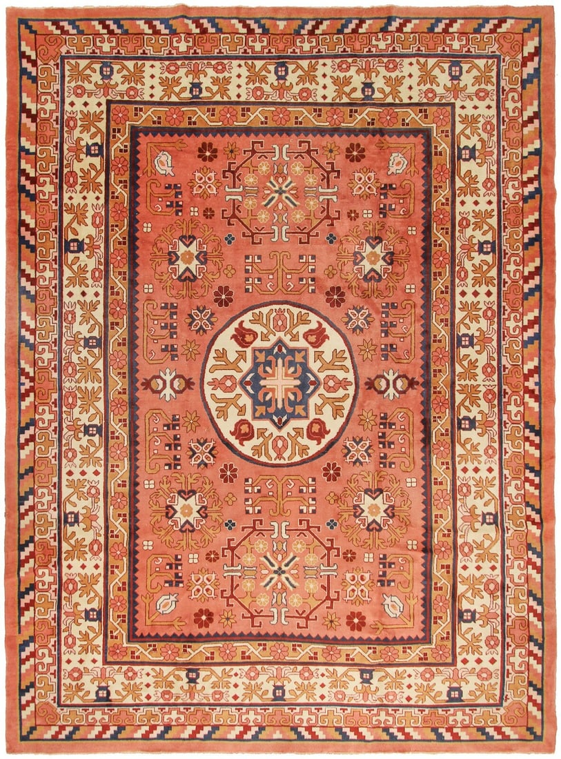 Hand Knotted Chinese Khotan Pink Art Deco Area Rug 8'7 x 11'10: Hand Knotted Chinese Khotan Pink Art Deco Area Rug 8'7 x 11'10 This rare vintage Chinese Art Deco area rug features a handmade, hand-knotted construction using Angora wool, showcasing a geometric Art 