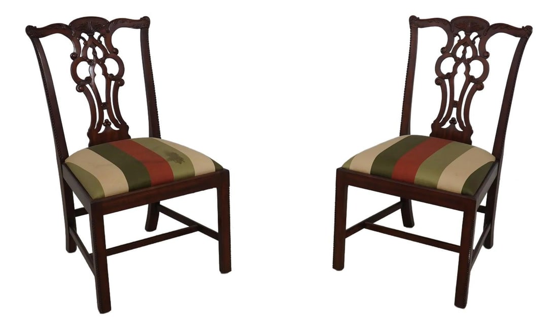 Elegant Pair of Maitland Smith Chippendale Mahogany Side Chairs: Elegant Pair of Maitland Smith Chippendale Mahogany Side Chairs This exquisite pair of Chippendale side chairs showcases a classic design that dates back approximately 20 years. Crafted from high-qual
