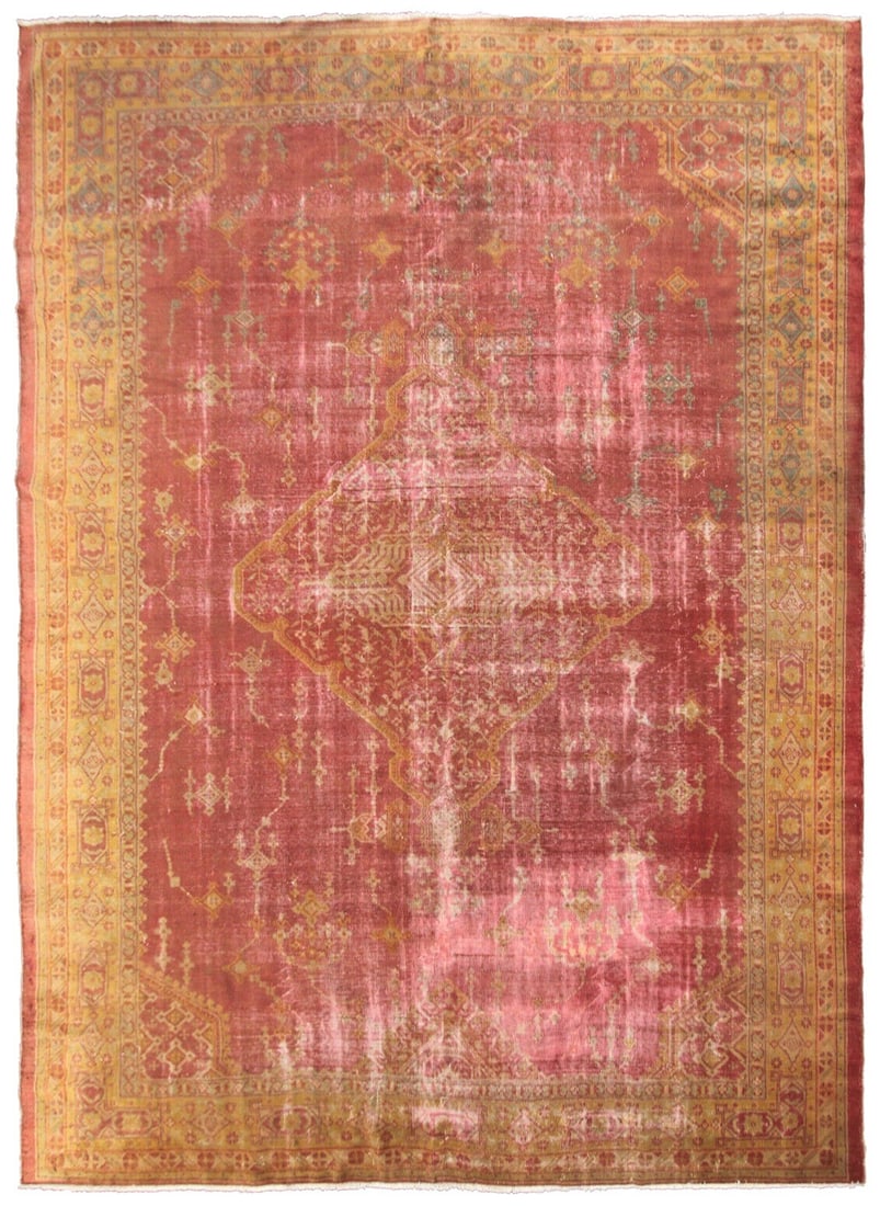 Circa 1870 Turkish Oushak Area Rug 9'7" x 11'4" Pink Wool: Circa 1870 Turkish Oushak Area Rug 9'7" x 11'4" Pink Wool This rare antique Turkish Oushak area rug features a bold geometric pattern and a pink rose background with pink, rose, ivory, beige, gold, gr