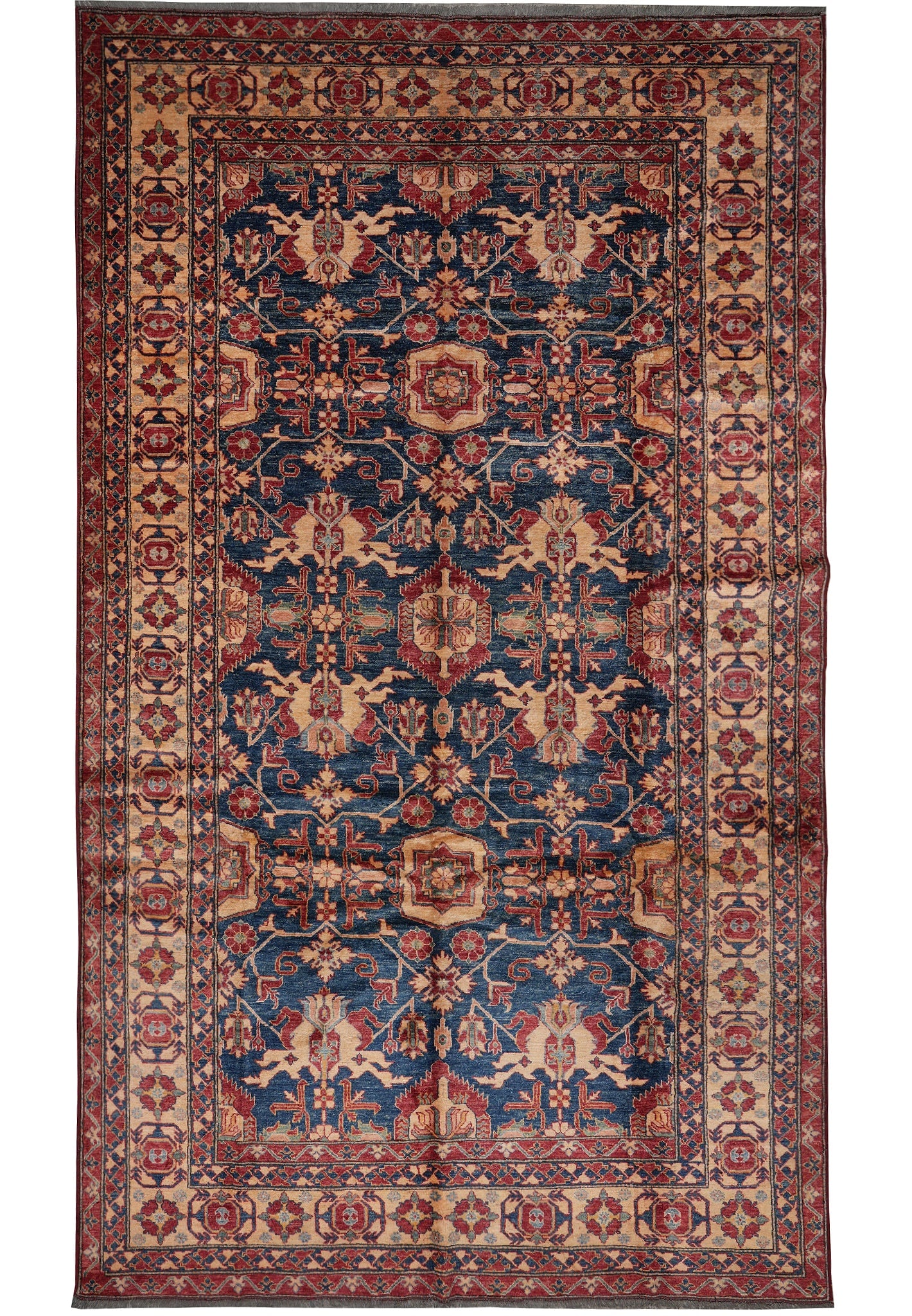 8 x 13.3 Handmade Kazak Rug Silky Wool Geometric Design: 8 x 13.3 Handmade Kazak Rug Silky Wool Geometric Design Free continental US Shipping This handmade Kazak rug measures 8 x 13.3 feet and is crafted in silky wool with a soft sheen and smooth texture. I