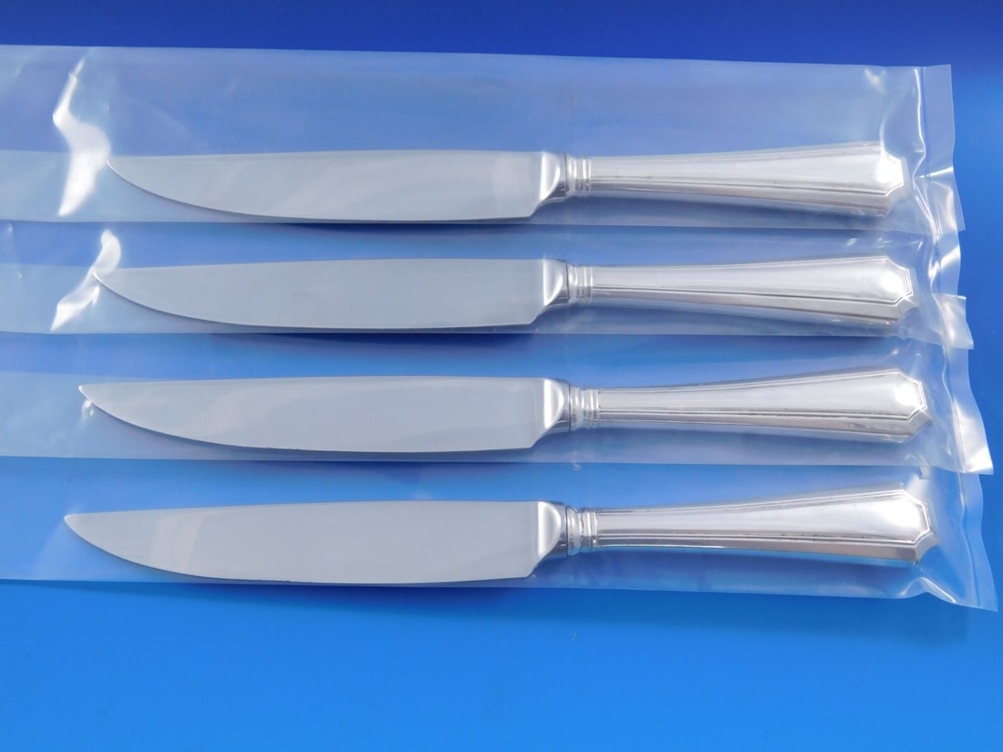 Fairfax Durgin-Gorham Sterling Silver 4pc Steak Knife Set Art Deco 8.5": Fairfax Durgin-Gorham Sterling Silver 4pc Steak Knife Set Art Deco 8.5" Elevate your dining experience with this exquisite 4-piece steak knife set from the Fairfax pattern by Durgin-Gorham. Crafted fr