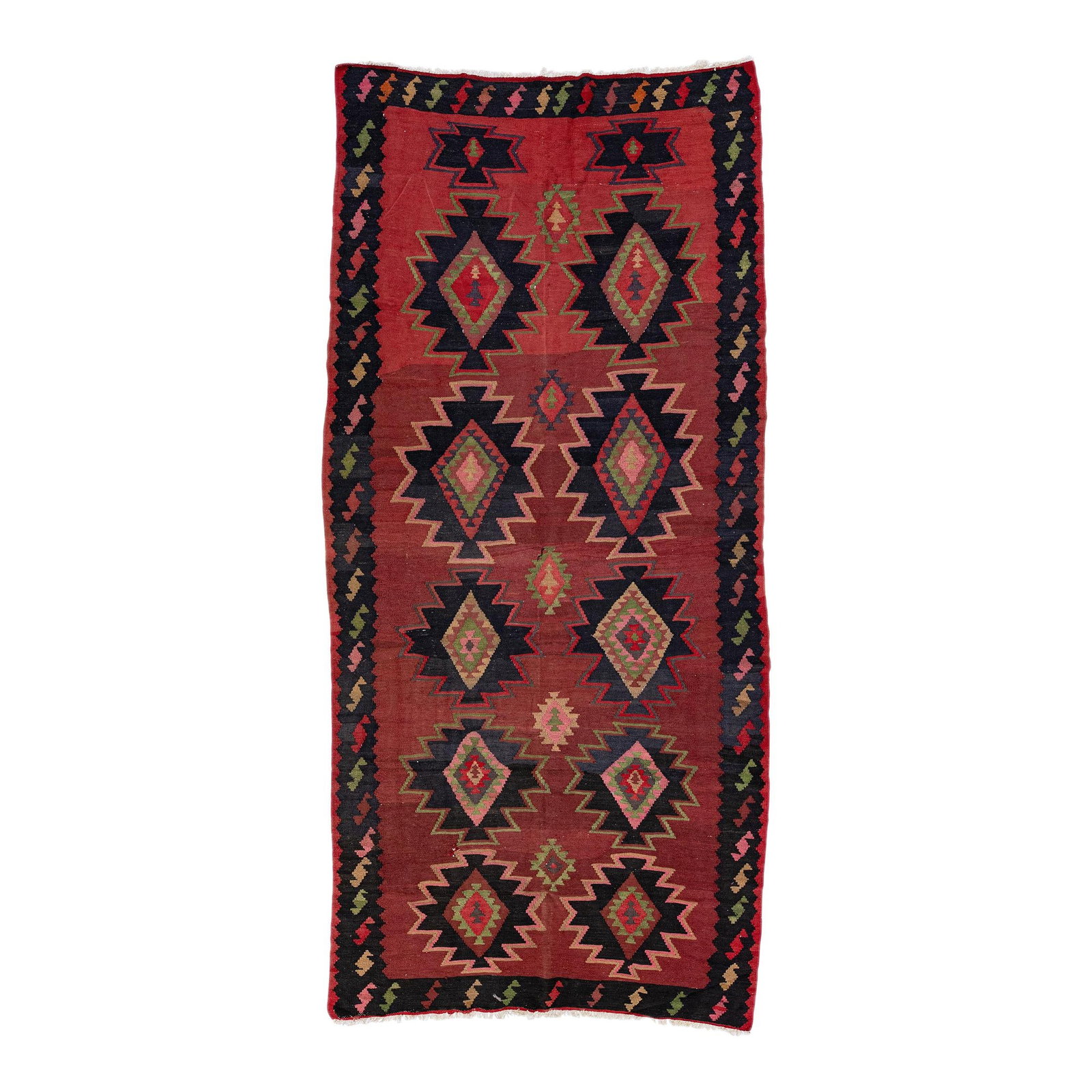 Vintage Turkish Kilim Red Wool Rug 5'6 x 11'8 Tribal Design: Vintage Turkish Kilim Red Wool Rug 5'6 x 11'8 Tribal Design This stunning vintage Turkish Kilim rug features a striking red field with a black frame, adorned with multicolor accents in an intricate al